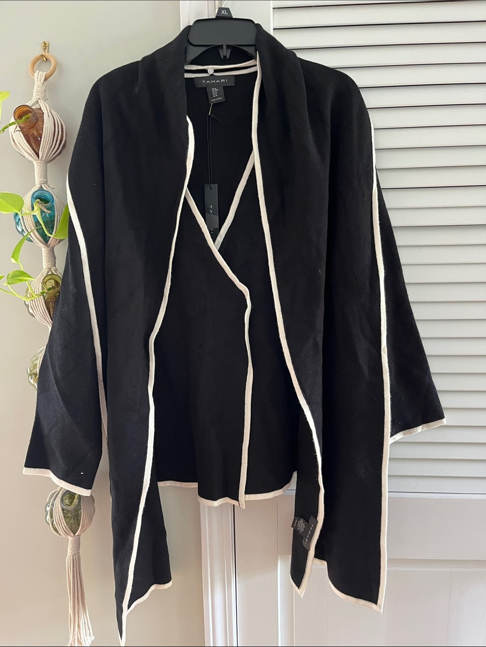 Tahari Black One Button Cardigan with White Trim and detachable Scarf
